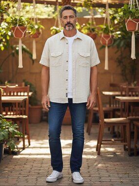 Apollo King Beige Cream Linen Shirt 2XL Short Sleeve Pick Stitching